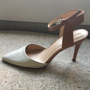 Tan and white Nine West pointy toe heels